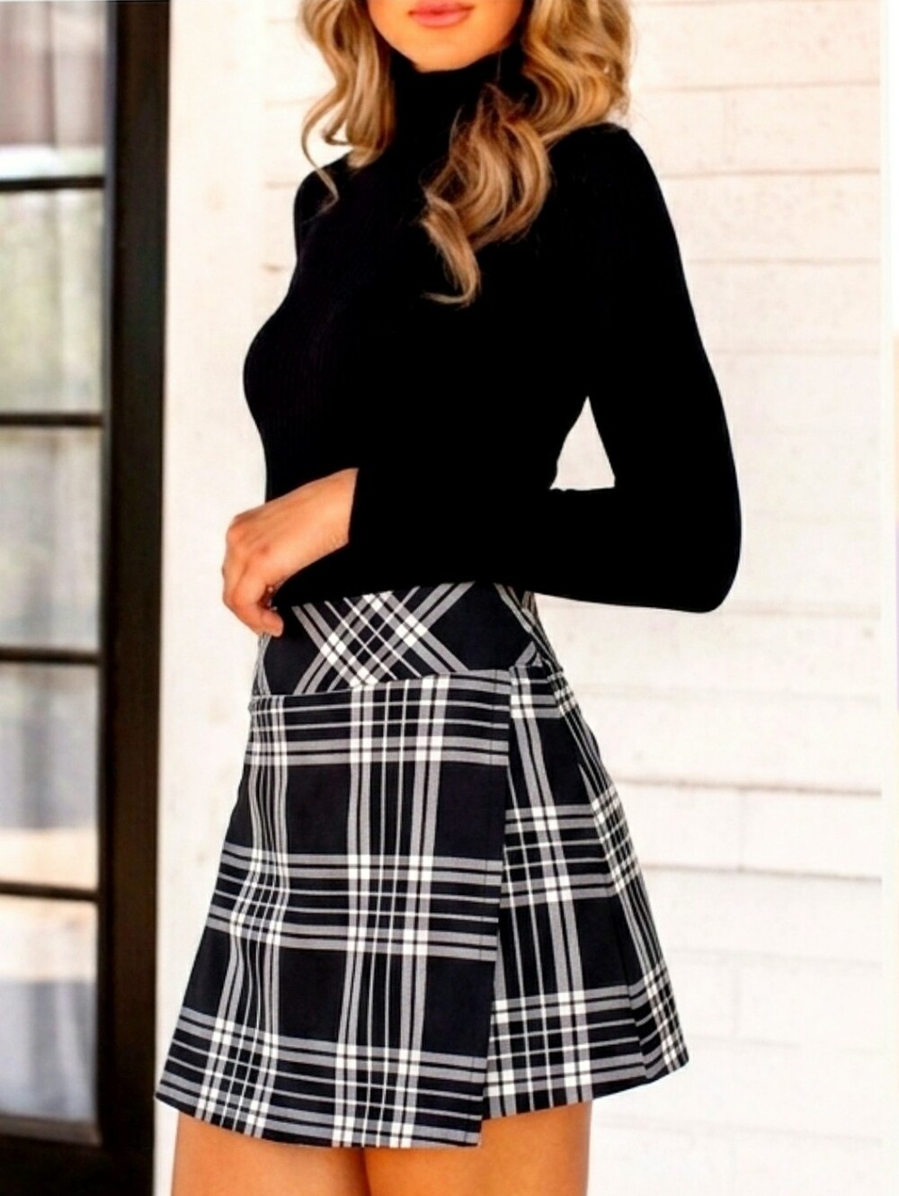 90's Tweed Pleated Plaid Mini Skirt♡BW| Spring Summer
